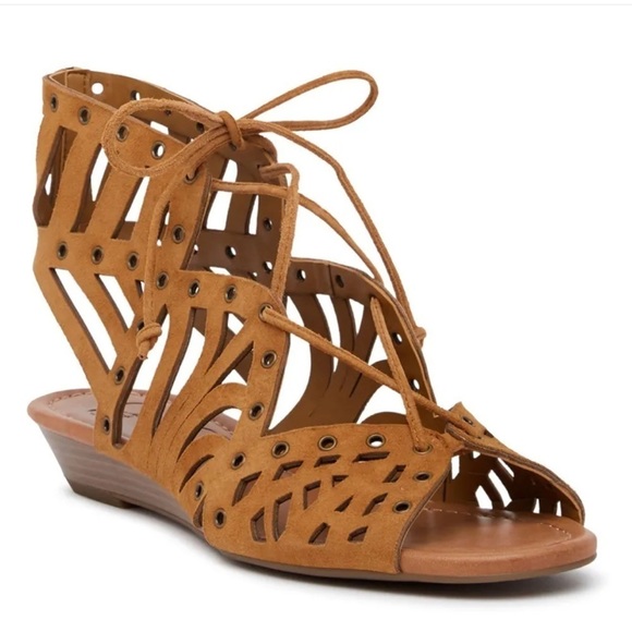 Jessica Simpson sz 7.5 chestnut suede cage sandals wedge - Picture 12 of 14